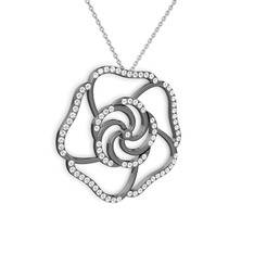 Taşlı Gül Kolye - Swarovski 925 ayar siyah rodyum kaplama gümüş kolye (40 cm beyaz altın rolo zincir) #1swvdik