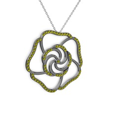 Taşlı Gül Kolye - Peridot 925 ayar siyah rodyum kaplama gümüş kolye (40 cm gümüş rolo zincir) #59clwk
