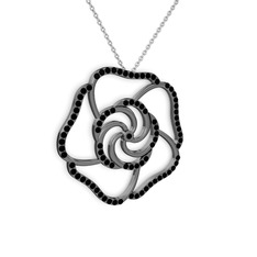 Taşlı Gül Kolye - Siyah zirkon 925 ayar siyah rodyum kaplama gümüş kolye (40 cm beyaz altın rolo zincir) #8z5qc4