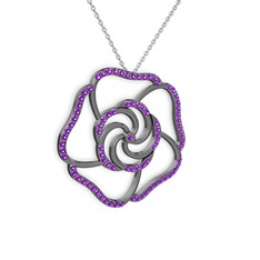 Taşlı Gül Kolye - Ametist 925 ayar siyah rodyum kaplama gümüş kolye (40 cm beyaz altın rolo zincir) #a5q3ef