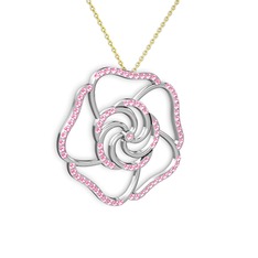 Pembe kuvars 14 ayar beyaz altın kolye (40 cm gümüş rolo zincir)