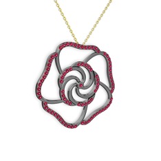 Taşlı Gül Kolye - Rodolit garnet 925 ayar siyah rodyum kaplama gümüş kolye (40 cm altın rolo zincir) #feh58x
