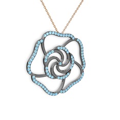 Taşlı Gül Kolye - Akuamarin 925 ayar siyah rodyum kaplama gümüş kolye (40 cm rose altın rolo zincir) #idjsrh