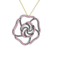 Taşlı Gül Kolye - Pembe kuvars 925 ayar siyah rodyum kaplama gümüş kolye (40 cm altın rolo zincir) #yrhnry