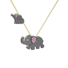 İkili Fil Kolye - Pembe kuvars 925 ayar siyah rodyum kaplama gümüş kolye (40 cm gümüş rolo zincir) #13mzlrg