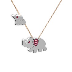 İkili Fil Kolye - Rodolit garnet 8 ayar beyaz altın kolye (40 cm rose altın rolo zincir) #14zo87h