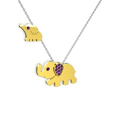 İkili Fil Kolye - Ametist 14 ayar altın kolye (40 cm beyaz altın rolo zincir) #16jpj5o