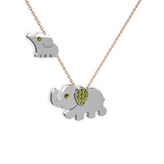 İkili Fil Kolye - Peridot 18 ayar beyaz altın kolye (40 cm gümüş rolo zincir) #1ccmkys