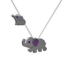 İkili Fil Kolye - Ametist 925 ayar siyah rodyum kaplama gümüş kolye (40 cm gümüş rolo zincir) #1e4p000