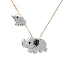 İkili Fil Kolye - Siyah zirkon 8 ayar beyaz altın kolye (40 cm rose altın rolo zincir) #1ev00wd