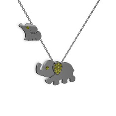 İkili Fil Kolye - Peridot 925 ayar siyah rodyum kaplama gümüş kolye (40 cm gümüş rolo zincir) #1ota9ag