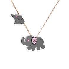 İkili Fil Kolye - Pembe kuvars 925 ayar siyah rodyum kaplama gümüş kolye (40 cm rose altın rolo zincir) #1p8t1m9