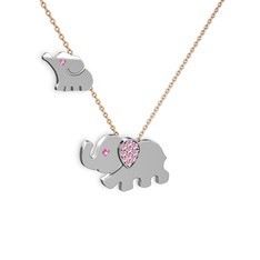 İkili Fil Kolye - Pembe kuvars 8 ayar beyaz altın kolye (40 cm rose altın rolo zincir) #1x65r40