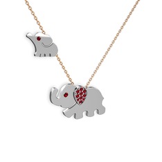 İkili Fil Kolye - Garnet 14 ayar beyaz altın kolye (40 cm rose altın rolo zincir) #5p15g2