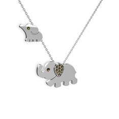 İkili Fil Kolye - Dumanlı kuvars 18 ayar beyaz altın kolye (40 cm beyaz altın rolo zincir) #70no3s