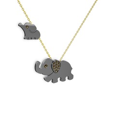İkili Fil Kolye - Dumanlı kuvars 925 ayar siyah rodyum kaplama gümüş kolye (40 cm gümüş rolo zincir) #7yxl6z