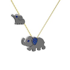 İkili Fil Kolye - Lab safir 925 ayar siyah rodyum kaplama gümüş kolye (40 cm altın rolo zincir) #gsf44n