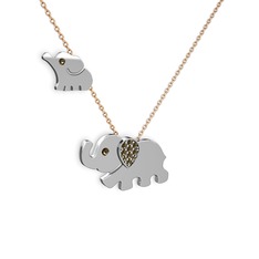 İkili Fil Kolye - Dumanlı kuvars 8 ayar beyaz altın kolye (40 cm rose altın rolo zincir) #ixrndm