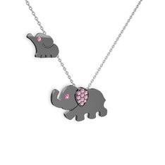 İkili Fil Kolye - Pembe kuvars 925 ayar siyah rodyum kaplama gümüş kolye (40 cm beyaz altın rolo zincir) #jwixkb
