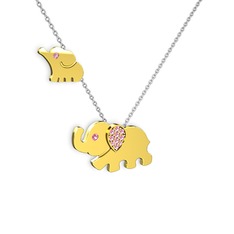 İkili Fil Kolye - Pembe kuvars 8 ayar altın kolye (40 cm beyaz altın rolo zincir) #pbzivp