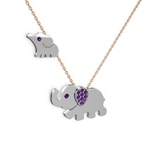 İkili Fil Kolye - Ametist 8 ayar beyaz altın kolye (40 cm rose altın rolo zincir) #y2f0sk