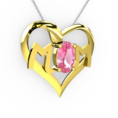 Mom Kolye - Pembe kuvars 14 ayar altın kolye (40 cm gümüş rolo zincir) #10ys0es