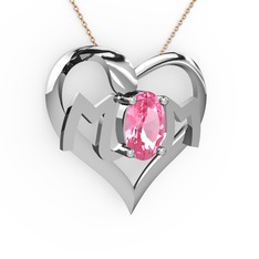 Pembe kuvars 14 ayar beyaz altın kolye (40 cm rose altın rolo zincir)