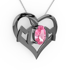 Mom Kolye - Pembe kuvars 925 ayar siyah rodyum kaplama gümüş kolye (40 cm beyaz altın rolo zincir) #3fadcv