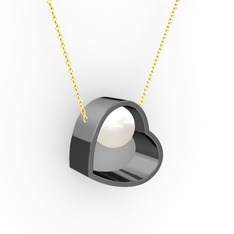 Saklı İnci Kolye - Inci 925 ayar siyah rodyum kaplama gümüş kolye (40 cm altın rolo zincir) #1mzylsm