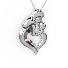 Garnet, pırlanta ve akuamarin 8 ayar beyaz altın kolye (0.015 karat, 40 cm beyaz altın rolo zincir)