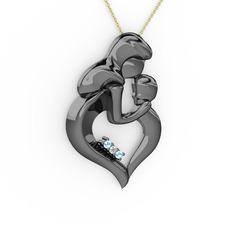 Anne Çocuk Kalp Kolye - Akuamarin ve pırlanta 925 ayar siyah rodyum kaplama gümüş kolye (0.015 karat, 40 cm altın rolo zincir) #14aa5yw