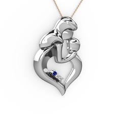 Anne Çocuk Kalp Kolye - Lab safir, pırlanta ve beyaz zirkon 18 ayar beyaz altın kolye (0.015 karat, 40 cm rose altın rolo zincir) #156idcp