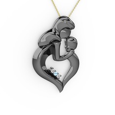 Anne Çocuk Kalp Kolye - Pırlanta ve akuamarin 925 ayar siyah rodyum kaplama gümüş kolye (0.03 karat, 40 cm altın rolo zincir) #173cu82