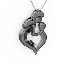 Garnet, beyaz zirkon ve lab safir 925 ayar siyah rodyum kaplama gümüş kolye (40 cm rose altın rolo zincir)