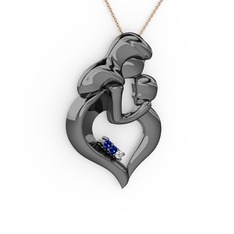 Lab safir ve beyaz zirkon 925 ayar siyah rodyum kaplama gümüş kolye (40 cm rose altın rolo zincir)