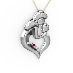 Anne Çocuk Kalp Kolye - Garnet, pırlanta ve beyaz zirkon 14 ayar beyaz altın kolye (0.015 karat, 40 cm altın rolo zincir) #1hwzygj