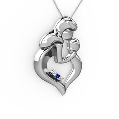 Anne Çocuk Kalp Kolye - Akuamarin, pırlanta ve lab safir 14 ayar beyaz altın kolye (0.015 karat, 40 cm beyaz altın rolo zincir) #1ids7lq