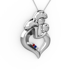 Garnet, pırlanta ve lab safir 8 ayar beyaz altın kolye (0.015 karat, 40 cm gümüş rolo zincir)