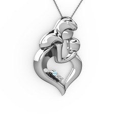 Akuamarin, beyaz zirkon ve pırlanta 8 ayar beyaz altın kolye (0.015 karat, 40 cm gümüş rolo zincir)