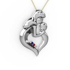 Anne Çocuk Kalp Kolye - Lab safir, pırlanta ve garnet 14 ayar beyaz altın kolye (0.015 karat, 40 cm altın rolo zincir) #1sqsxdd