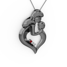 Anne Çocuk Kalp Kolye - Garnet ve pırlanta 925 ayar siyah rodyum kaplama gümüş kolye (0.03 karat, 40 cm gümüş rolo zincir) #1w81fx3