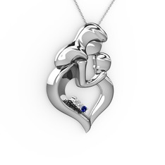 Anne Çocuk Kalp Kolye - Pırlanta ve lab safir 8 ayar beyaz altın kolye (0.03 karat, 40 cm beyaz altın rolo zincir) #1wqjjbp