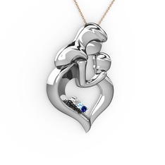 Anne Çocuk Kalp Kolye - Pırlanta, lab safir ve akuamarin 18 ayar beyaz altın kolye (0.015 karat, 40 cm rose altın rolo zincir) #89cv81