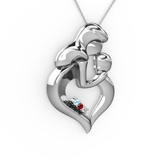 Anne Çocuk Kalp Kolye - Akuamarin, pırlanta ve garnet 925 ayar gümüş kolye (0.015 karat, 40 cm gümüş rolo zincir) #a2zpnl