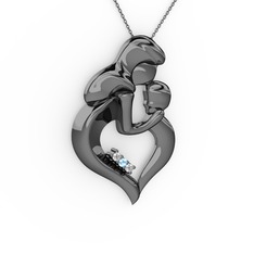 Anne Çocuk Kalp Kolye - Pırlanta, beyaz zirkon ve akuamarin 925 ayar siyah rodyum kaplama gümüş kolye (0.015 karat, 40 cm gümüş rolo zincir) #bw0uvw