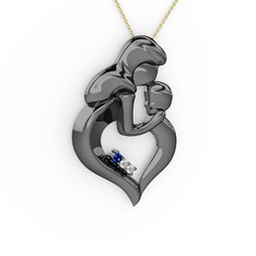 Anne Çocuk Kalp Kolye - Lab safir, pırlanta ve beyaz zirkon 925 ayar siyah rodyum kaplama gümüş kolye (0.015 karat, 40 cm altın rolo zincir) #cgvy68