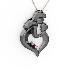 Anne Çocuk Kalp Kolye - Pırlanta ve garnet 925 ayar siyah rodyum kaplama gümüş kolye (0.03 karat, 40 cm rose altın rolo zincir) #cs4bzh