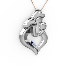 Lab safir, akuamarin ve pırlanta 925 ayar gümüş kolye (0.015 karat, 40 cm rose altın rolo zincir)