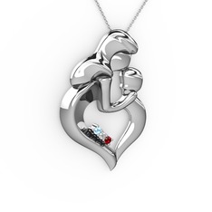 Anne Çocuk Kalp Kolye - Akuamarin, garnet ve beyaz zirkon 925 ayar gümüş kolye (40 cm gümüş rolo zincir) #d8af0q