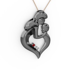 Garnet, pırlanta ve beyaz zirkon 925 ayar siyah rodyum kaplama gümüş kolye (0.015 karat, 40 cm rose altın rolo zincir)